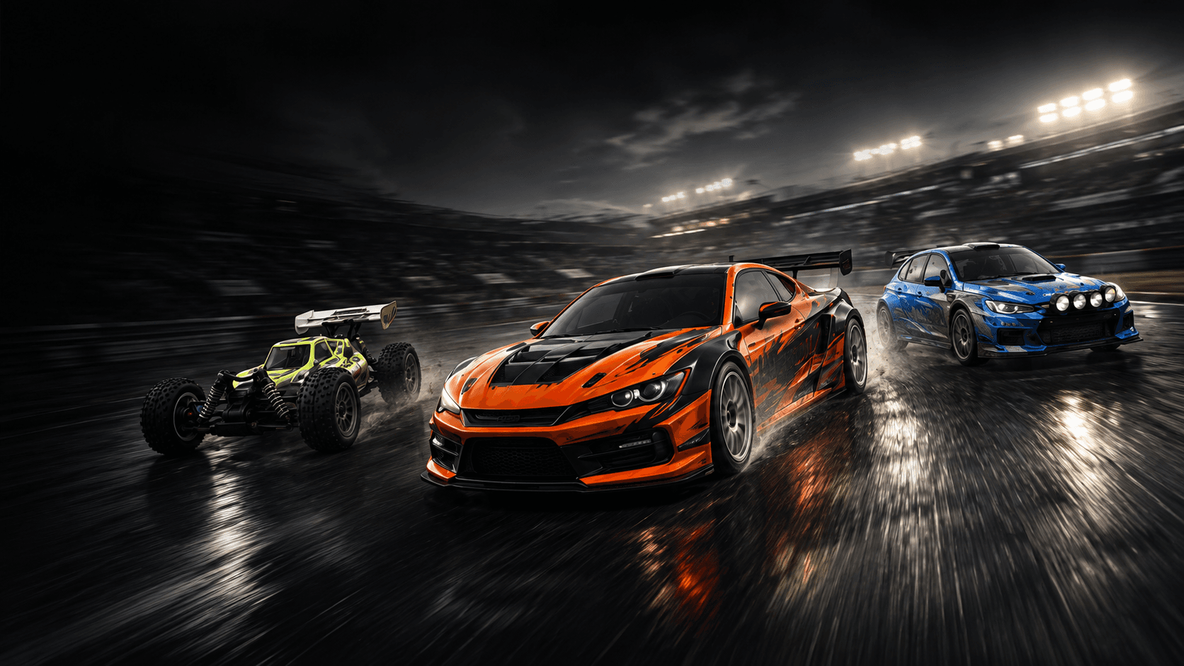 Three high-performance RC cars racing under circuit lights