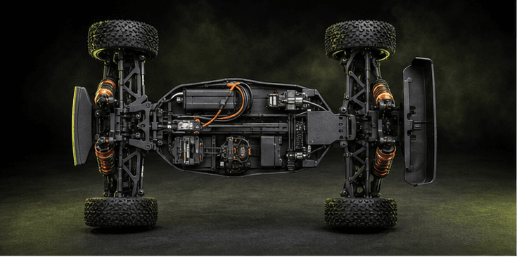Detailed RC buggy chassis with orange suspension components